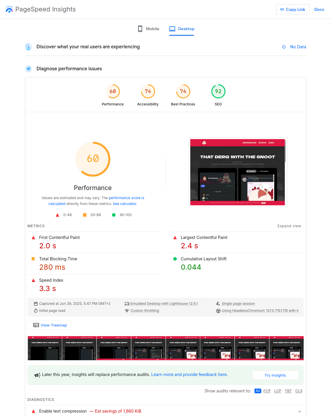 Google PageSpeed insights for the old website, scoring 60 on performance, 74 on accessibility, 74 on best practices and 92 on SEO. The maximum score for each category is 100.