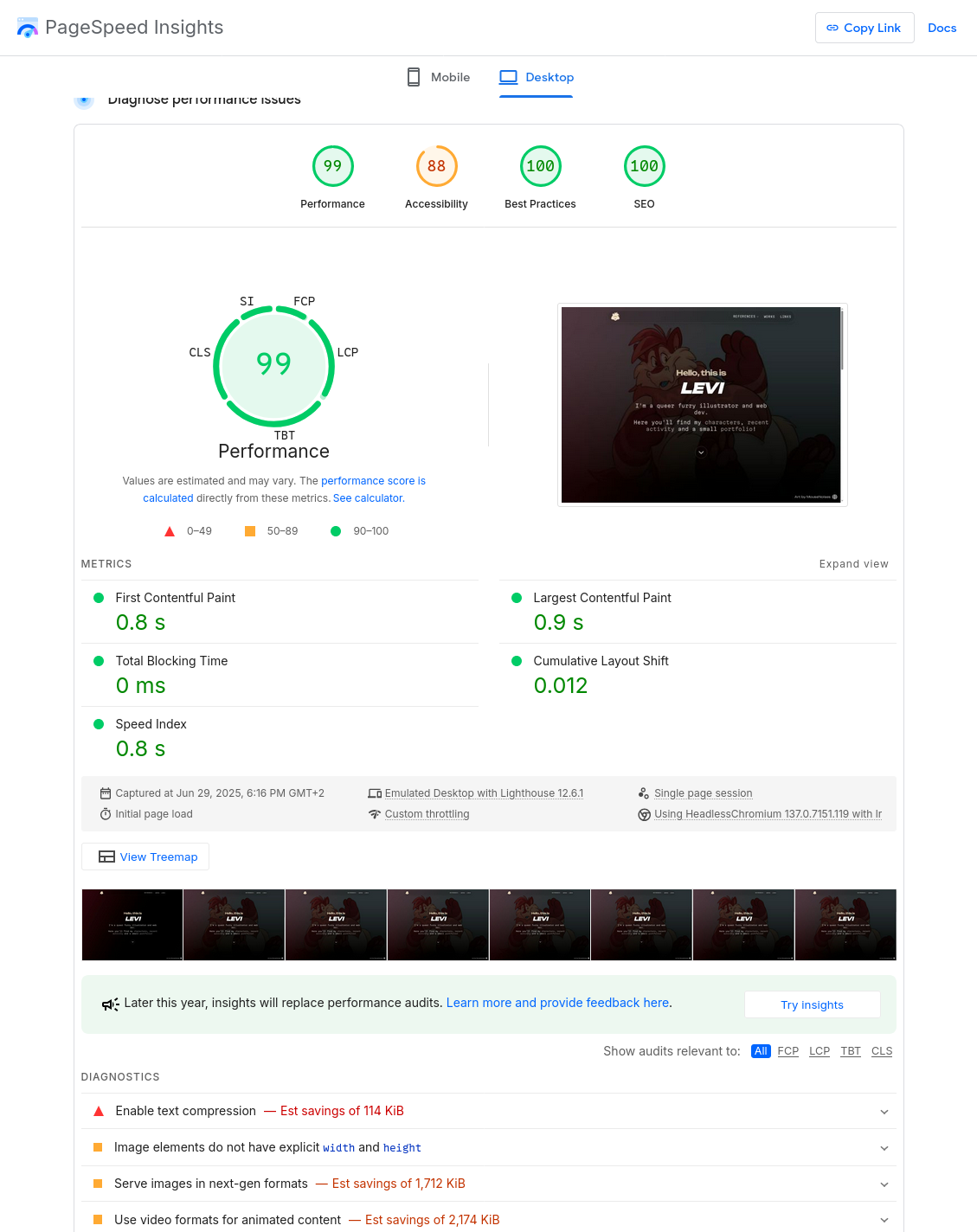 PageSpeed score for the new website: 99 on performance, 88 on accessibility (I'm trying but some things are out of my control here), 100 on best practices and 100 on SEO.